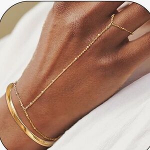 Gold colored chain harness bracelet ring finger slave body jewelry club festival